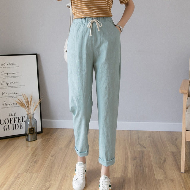 Cotton Linen Ankle Length Pants Women's Summer Autumn Casual Trousers Pencil Leisure Fashion Striped Women Pant Black Green Pink